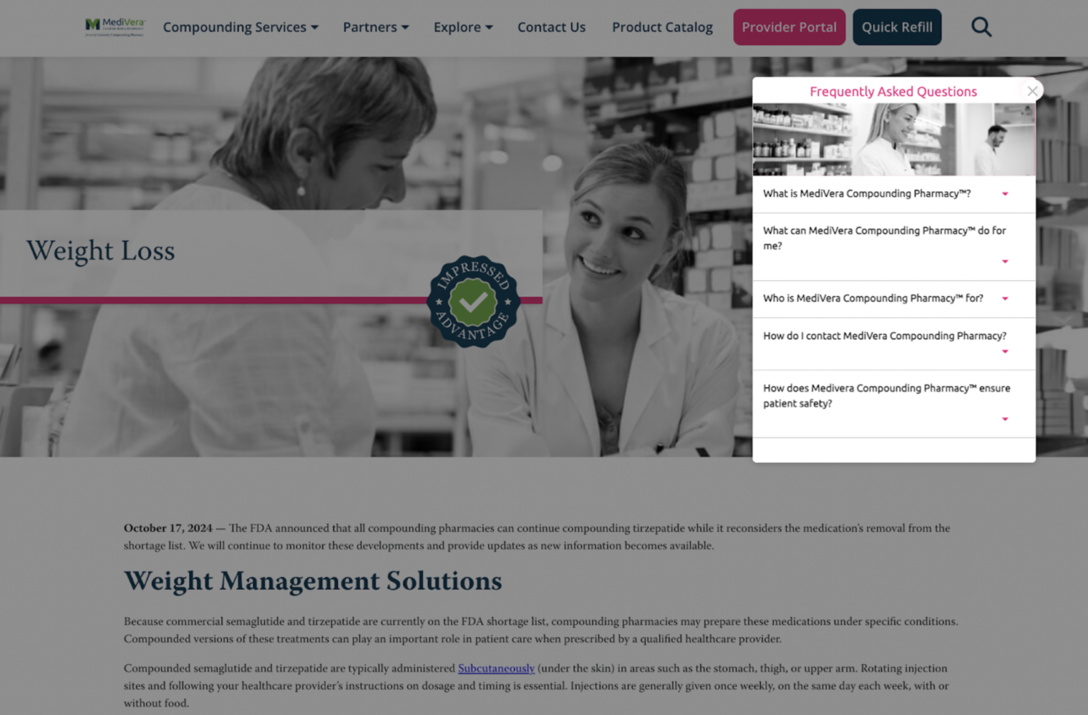 Customized side menu and dynamic content on the MediVera website