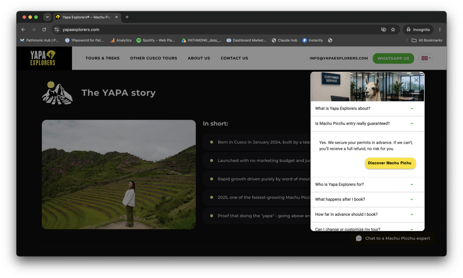 Yapa Explorers website showing a Pathmonk FAQ microexperience with booking questions such as what happens after I book and how far in advance should I book