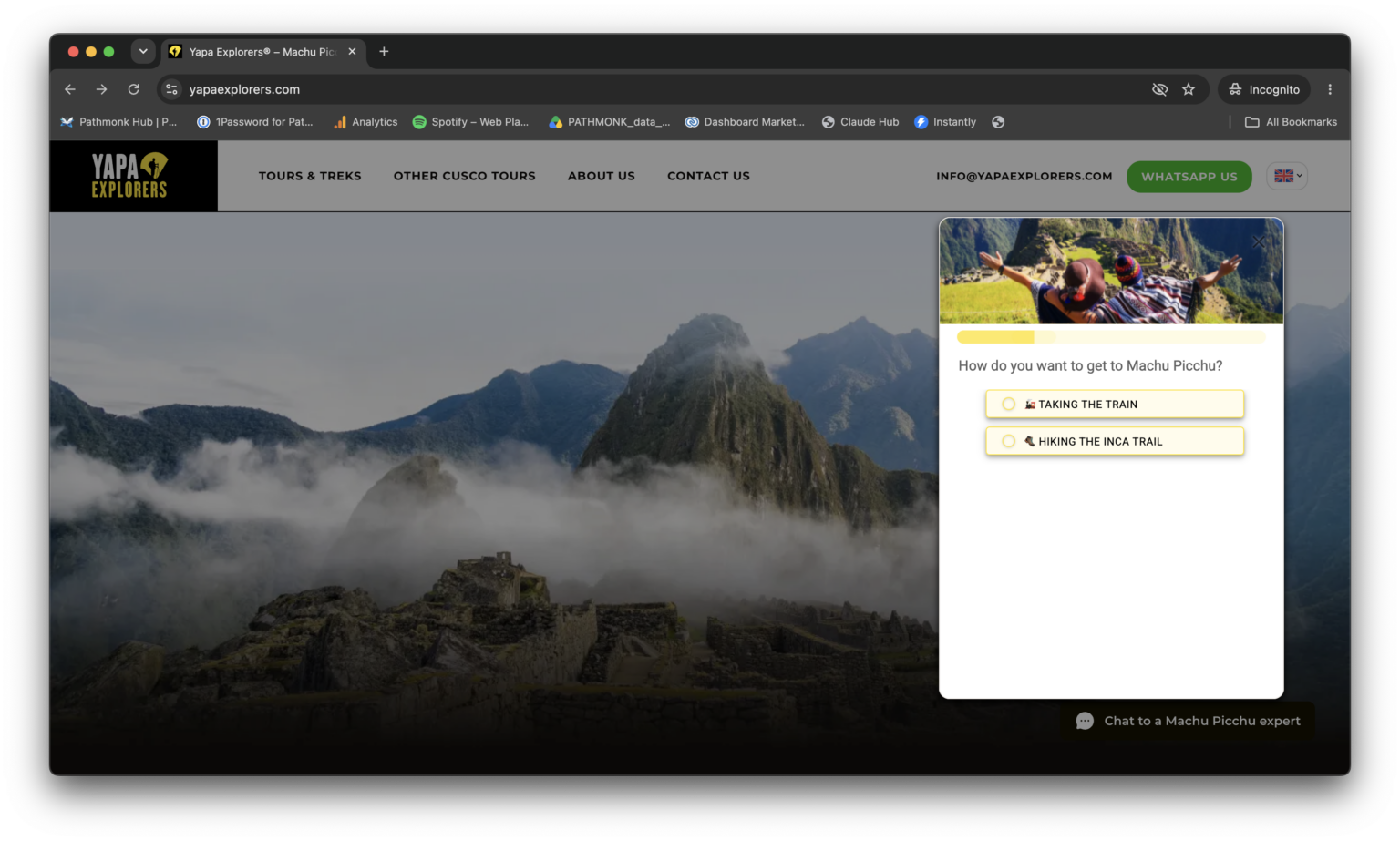 Yapa Explorers website with the Pathmonk Product Selector asking how the visitor wants to get to Machu Picchu: taking the train or hiking the Inca Trail